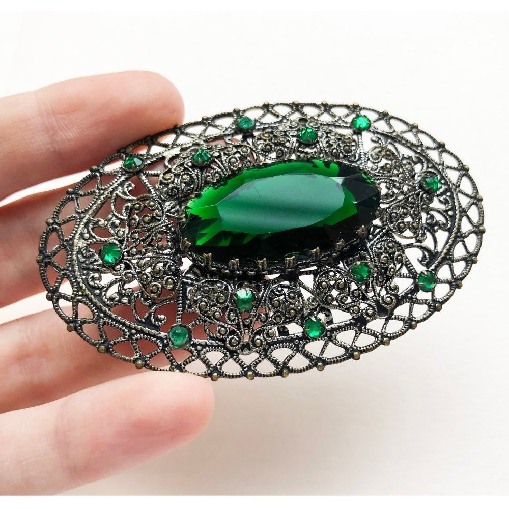 Large vintage crystal brooch, huge silver filigree oval pin